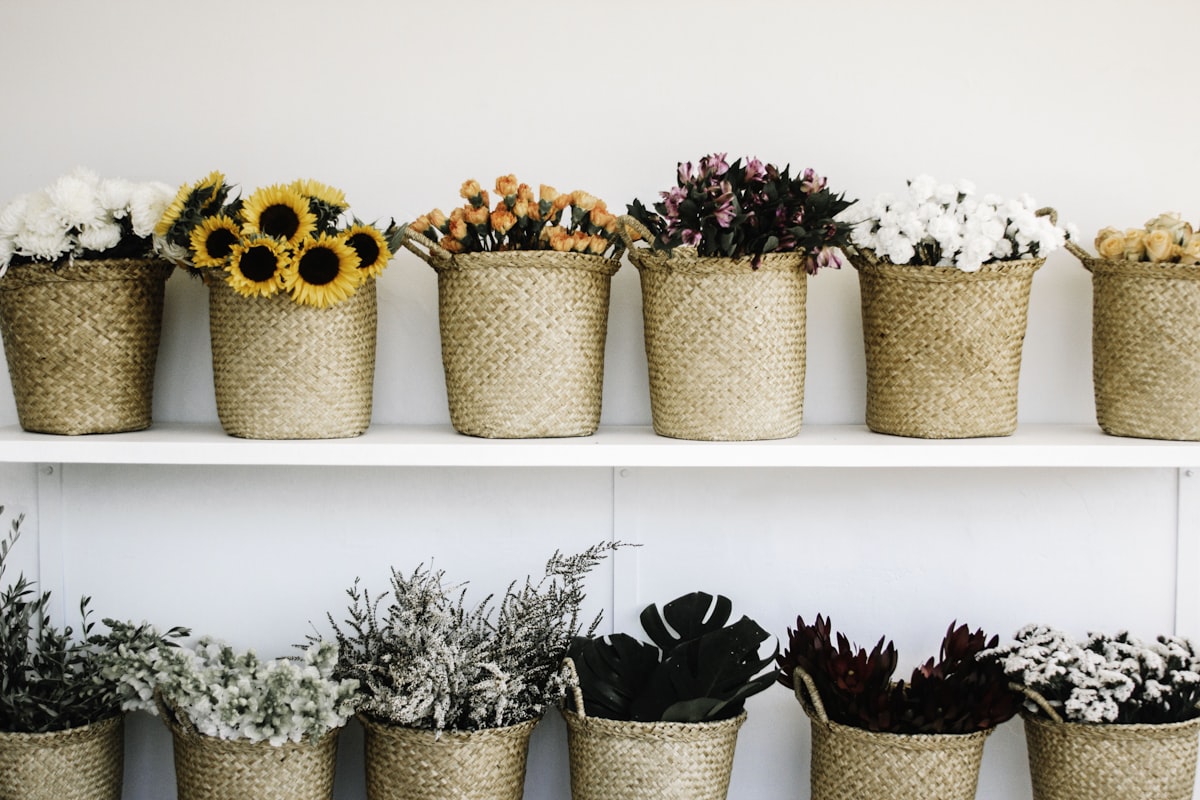 Fleurs de saison en paniers dans la boutique Camélia